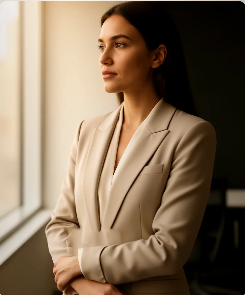 Business leader in a neutral suit standing thoughtfully beside a window