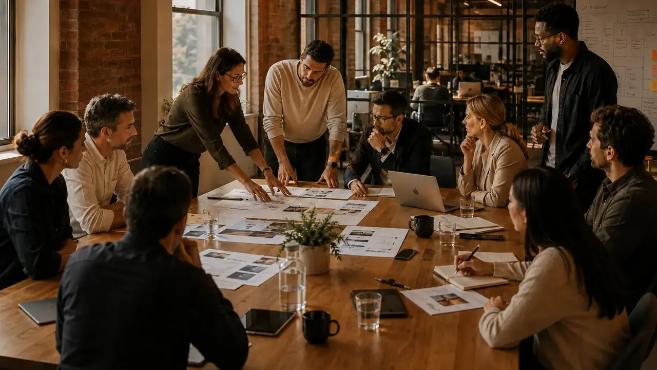 Mabel HR team collaborating on workforce strategy around a meeting table in a contemporary office