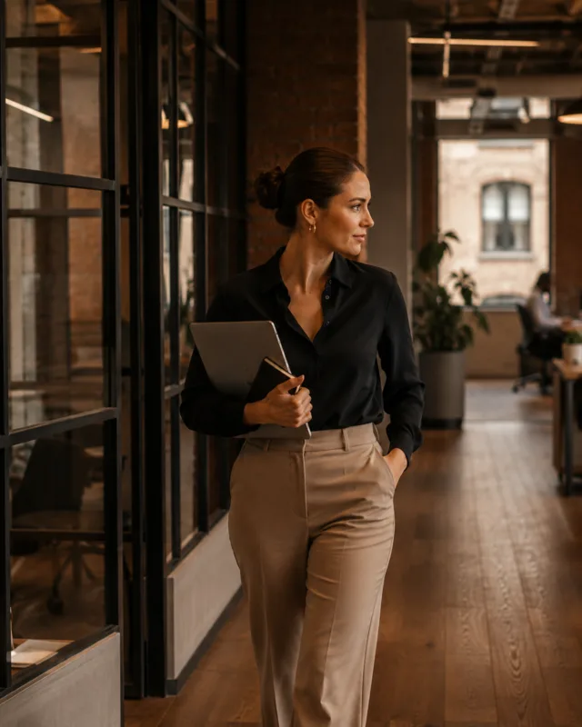 HR leader using AI-enabled workflows in a modern office
