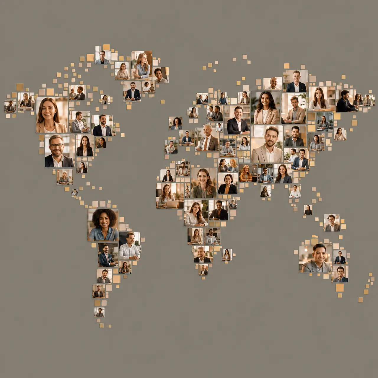 Illustrated world map made up of portrait photos of international team members, representing Mabel HR’s global entity setup coverage