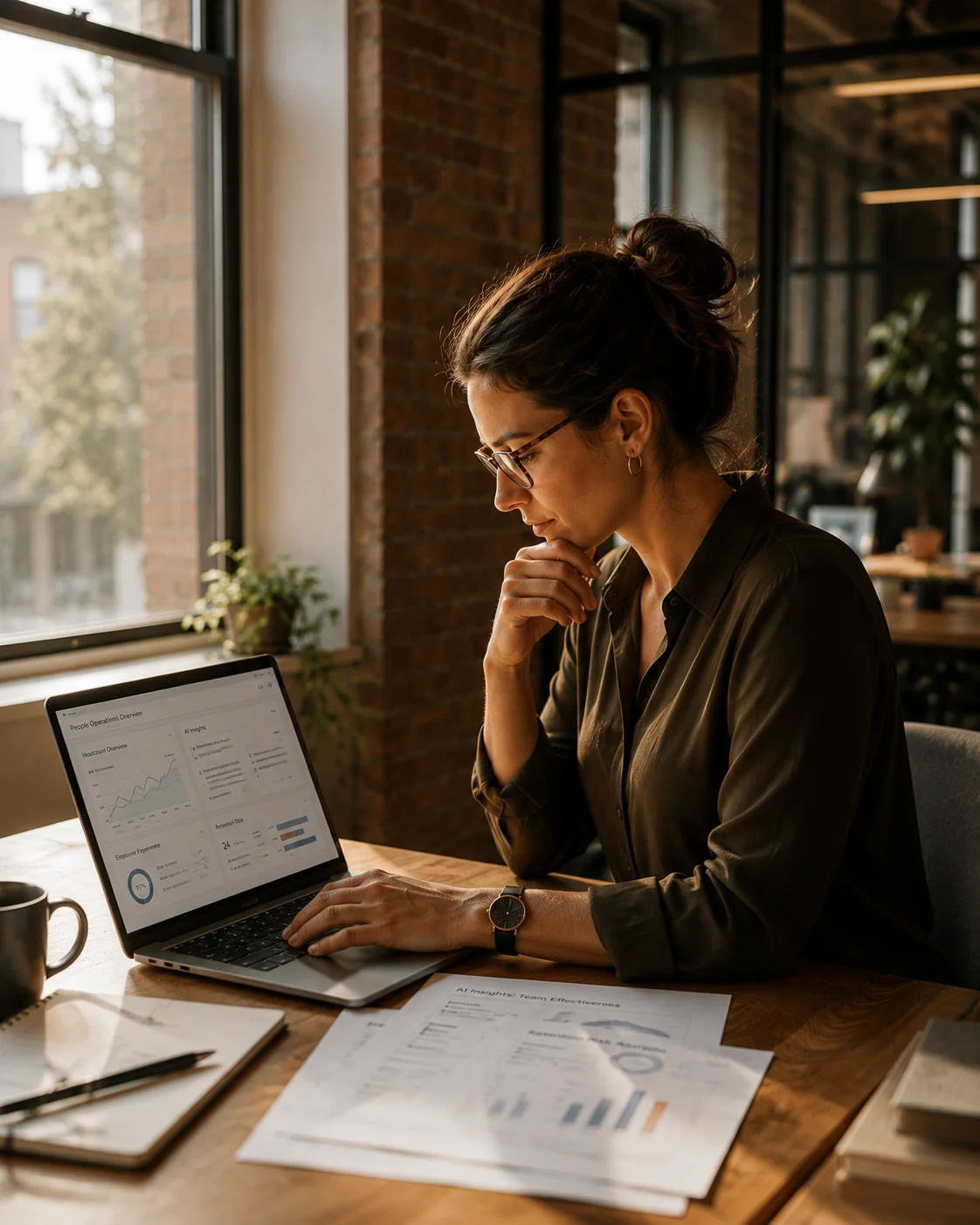 HR professional reviewing global workforce reports on her laptop in a warm contemporary office