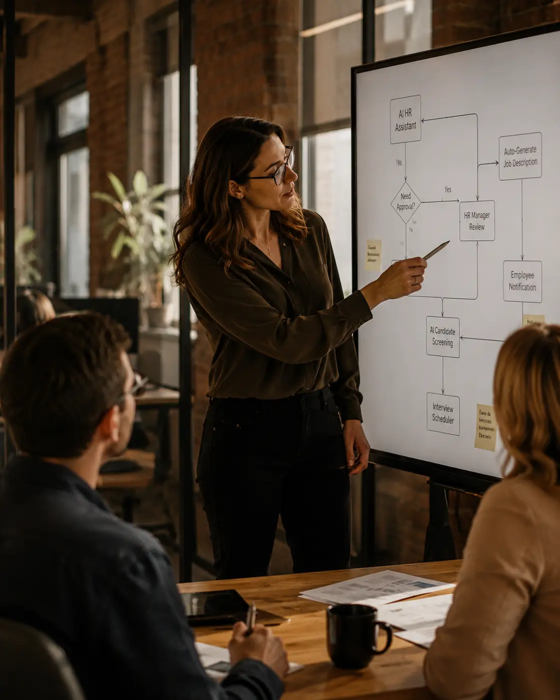 HR adviser presenting a workforce process to colleagues during an M&A planning session