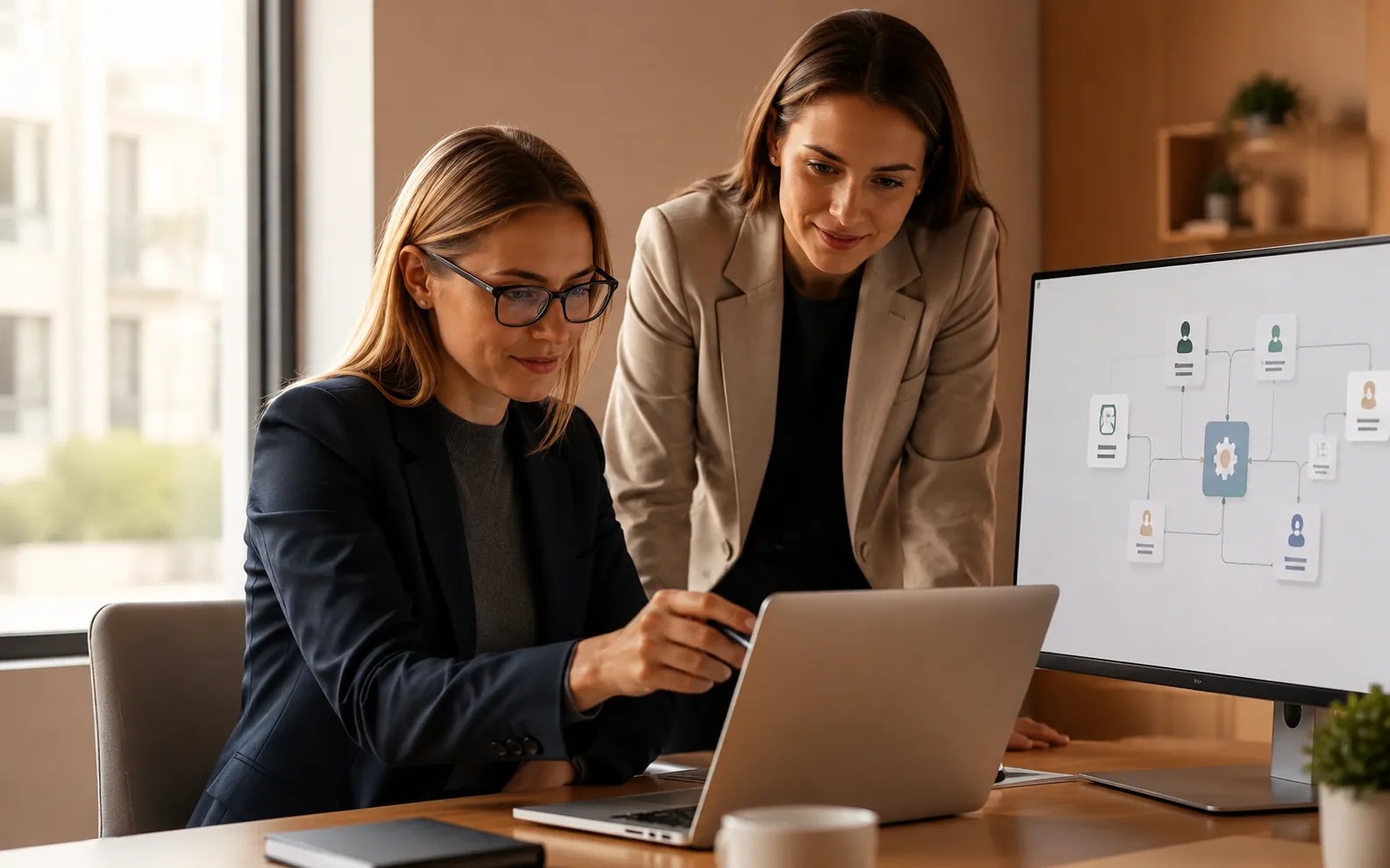 Professional standing at a laptop by a window, managing payroll and workforce data